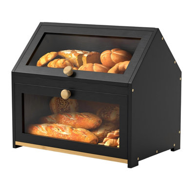 Bamboo Bread Box and Bread Storage Solution, Vintage Bread Box,Large Durable Double-layer Bamboo Breadbox, Space Saving Design(Black)