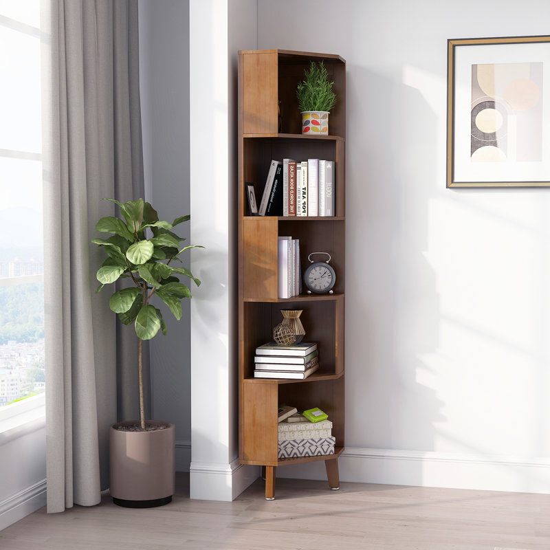 35.1 cm W Bamboo / Rattan Corner Bookcase, (5 Shelves) 181.4cm H x 35.1cm W x 35.1cm D