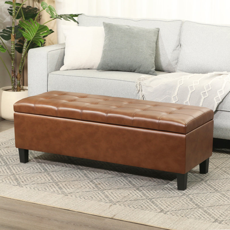 Banc de rangement capitonné en similicuir de 45 po pour le salon, Orange