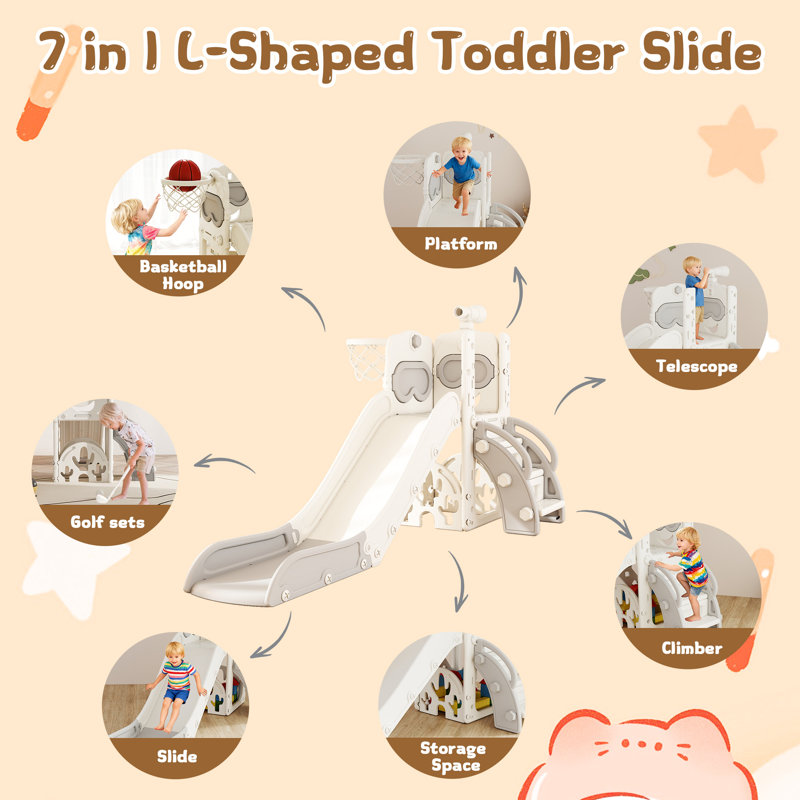 Glissade 7 en 1 pour tout-petits, structure de jeu intérieure/extérieure, 1 à 3 ans, avec structure d'escalade et panier de basket.