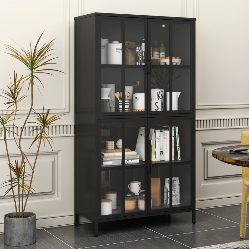 Armoire en métal avec verre trempé, fonction d'automne, portes de rangement en verre spacieuses pour le salon, tablettes réglables, cuisines stables