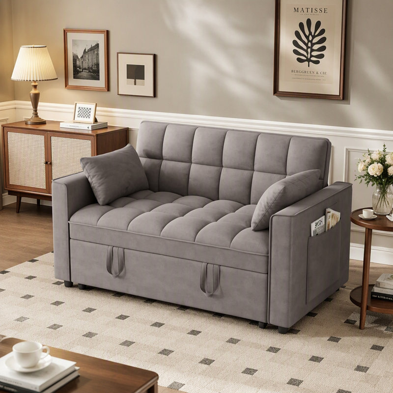Canapé-lit avec lit escamotable, canapé-lit convertible en velours moderne, petit canapé-lit avec coussins et poches latérales pour petit espace, salon, appartement, gris foncé