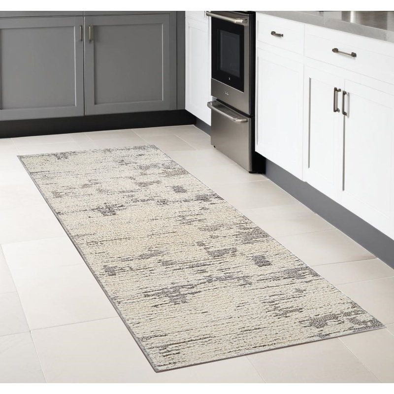 8' Gray And Cream Abstract Distressed Runner Rug
