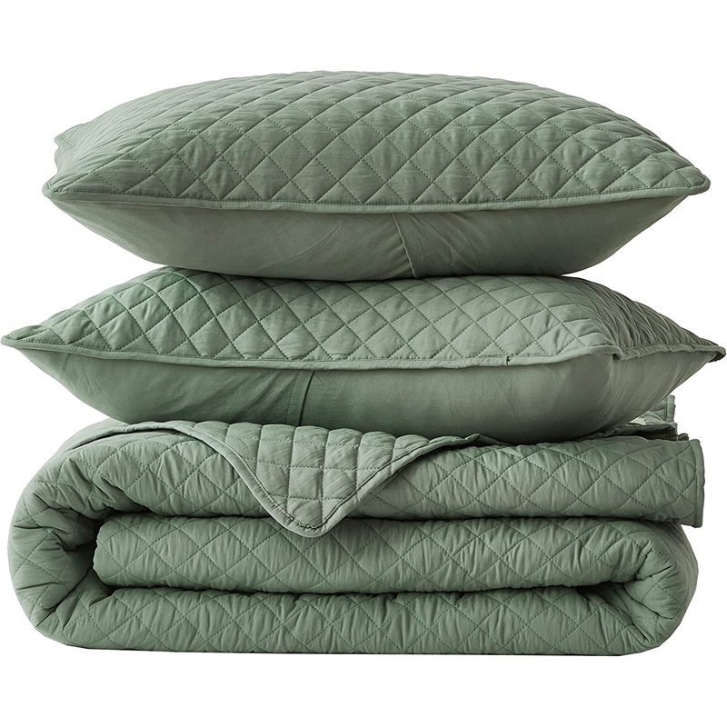 Teo Diamond Stitch Microfiber Quilt Set, King Quilt + 2 King Shams, Sage
