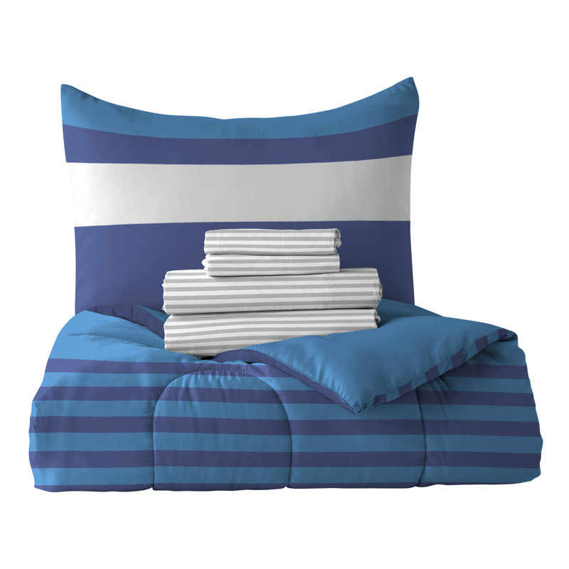 Twin Blue Rugby Stripe Microfiber Bed in a Bag Set