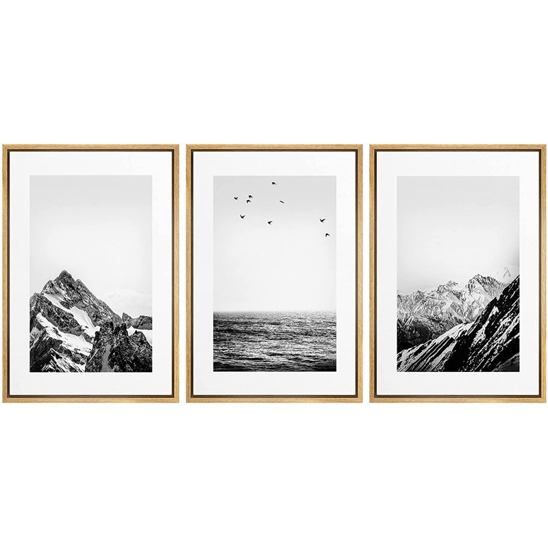 Natural Framed Black and White Landscape Canvas Print Set