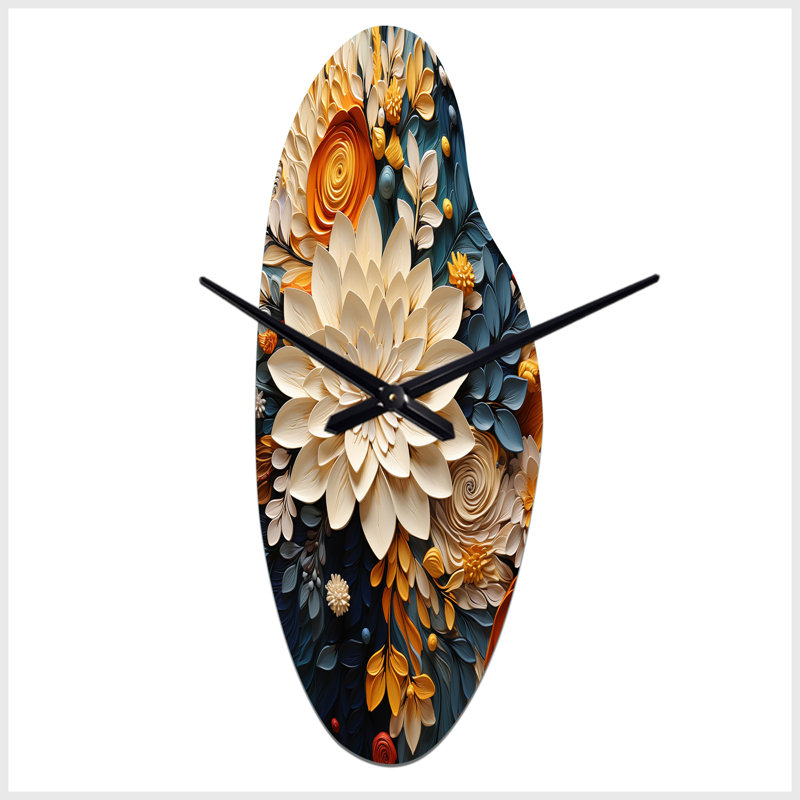 Horloge murale incurvée orange, bleu sarcelle, tourbillon botanique IV - Botanicals, Moyenne