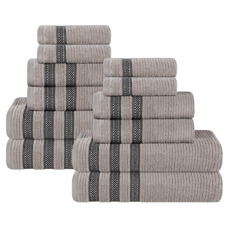 Orletta Zero Twist Cotton Ribbed Modern Geometric Border Soft Highly-Absorbent Assorted 12 Piece Bathroom Towel Set, Gray