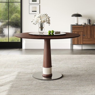 Table de salle à manger en bois massif de 47 pouces avec plateau tournant en verre trempé de 23 pouces, table de cuisine ronde en acier inoxydable