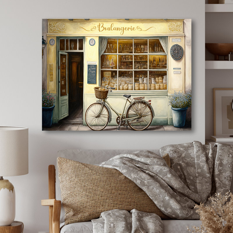 Vélo devant une boulangerie française I - Peinture sur toile, H 12 po x l 20 po x P 1 po, Toile tendue