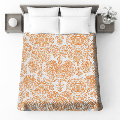 Couvre-lit matelassé orange damassé à motif floral orange toutes tailles