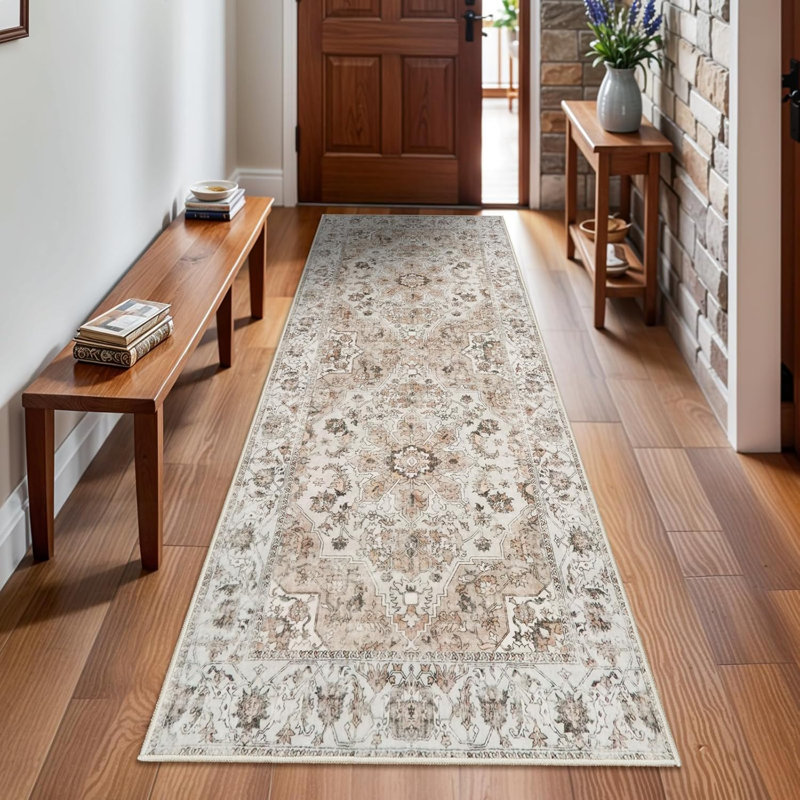 Washable Hallway Rug: Non Slip Rugs with Rubber Backing Soft Kitchen Rug Farmhouse Distressed Carpet for Living Room Bedroom Bathroom (Beige)