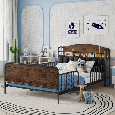 Structure de lit plateforme pleine grandeur en métal avec lumière, lit double en métal pour enfants avec tête de lit tapissier et rangement