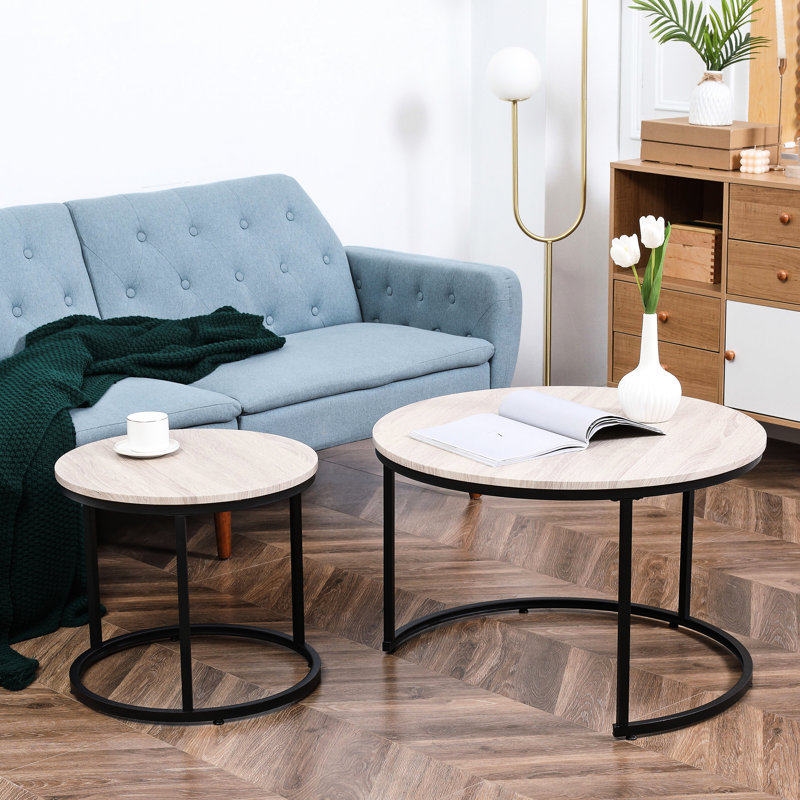 2 tables gigognes rondes grises. Tables de salon à structure métallique. Table de bout et de bout polyvalente de style industriel. Espace et stabilité. Capacité de poids de 22 lb par table. 29,5 po x 19,25 po H 19,75 po 17,75 po