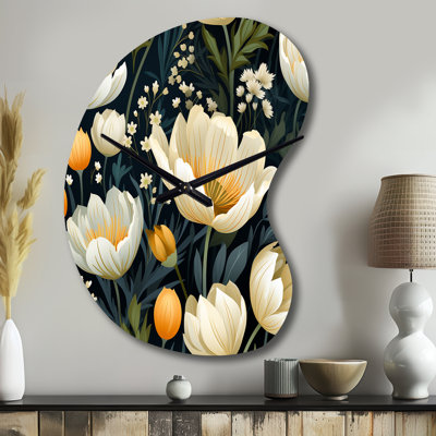 Beige And Yellow Weave Ikat Blooms - Floral Unique Shape Metal Wall Clock, Beige Asymmetrical Clock Print