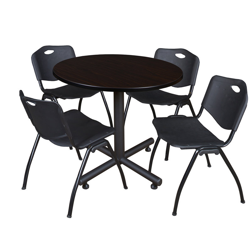 Regency Kobe Round X-Base Breakroom Table, 4 M Stack Chairs, Gray, Black