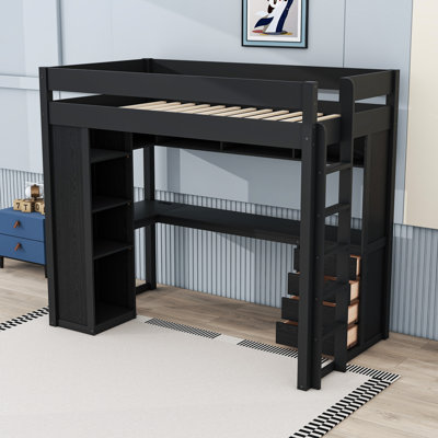 4 Drawers Loft Bed with Built-in-Desk, LED Light and Shelves