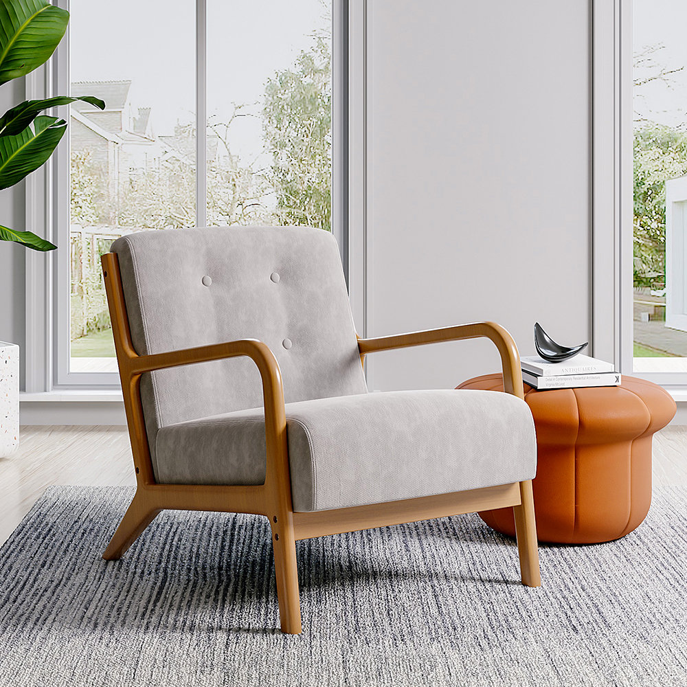 Grey Single Sofa Chair With Solid Wood Armrests