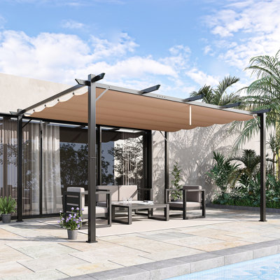 10' X 13' Aluminum Pergola With Movable Awning - Backyard Shade For Veranda, Outdoor Function, Garden, Grill Gazebo Charcoal Gray Party,