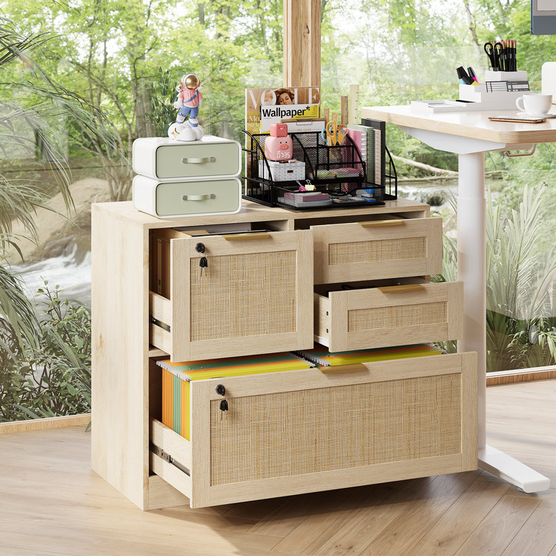 31.5" Rattan File Cabinet With Lock & 4 Drawer, Natural Wood
