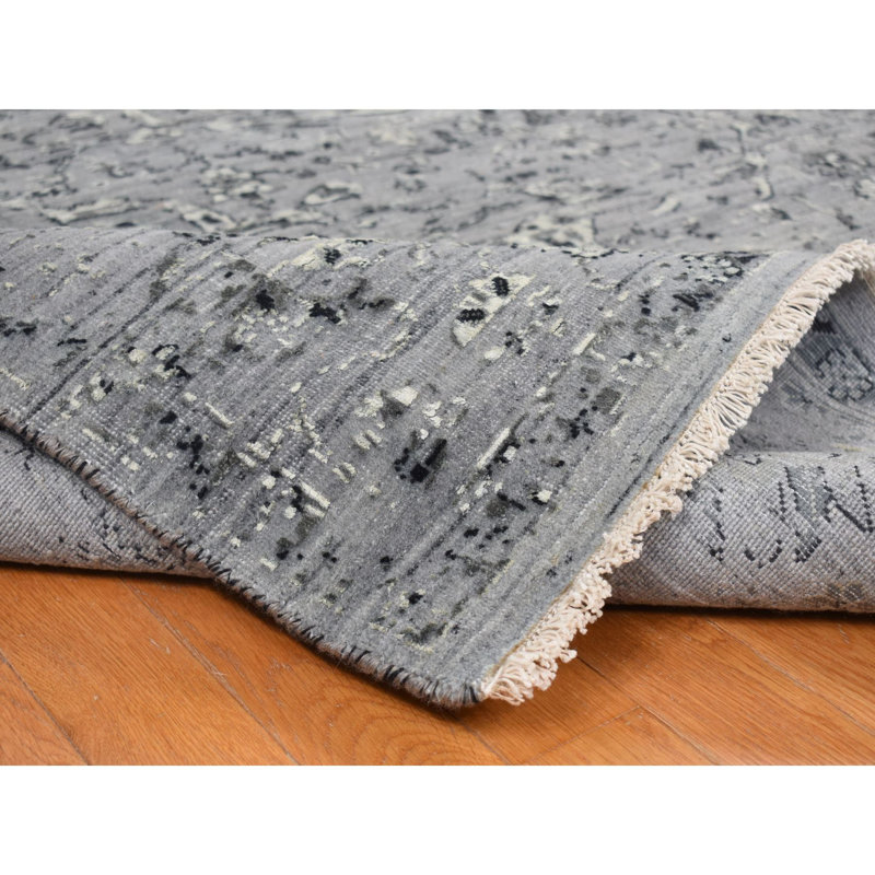 10'x10' Grey Zoroastrian Design Silk with Wool Hand Knotted Square Rug 41E77B6DDDD74528BB804656DDC1BF7B