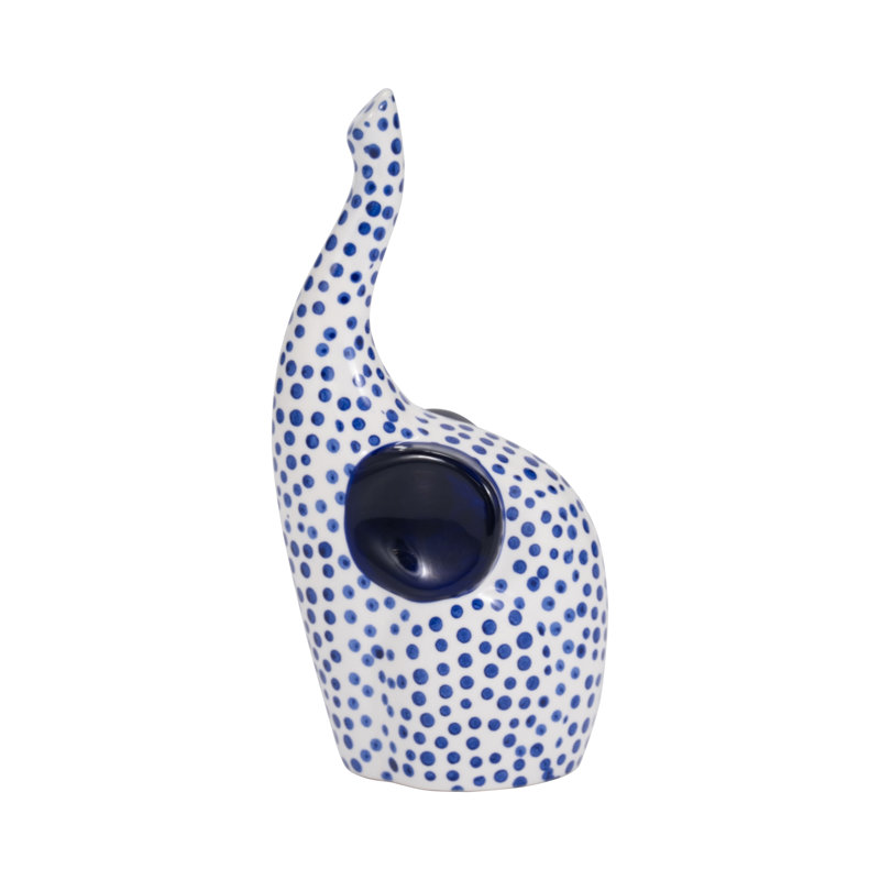 Hand Stamped Trunk Up Elephant, Blue and White, Novelty, Polka Dot, 8" H x 4" W x 3" D