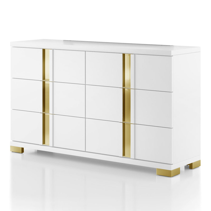 Commode 6 tiroirs Clemson Tereza, Blanc / Doré