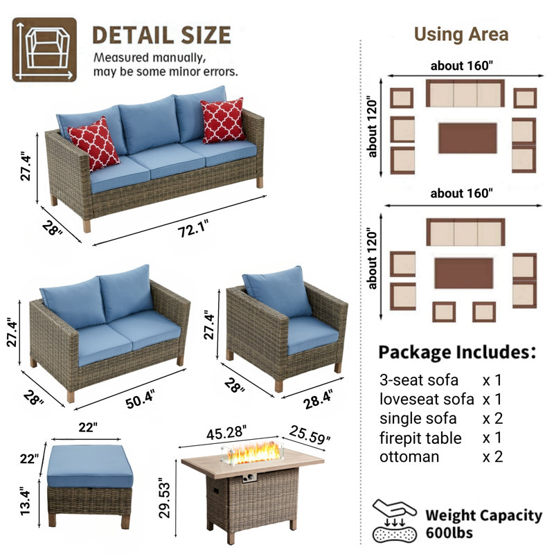 9 - Person Outdoor Wicker Patio Conversation Furniture Set With Fire Pit Table, Blue