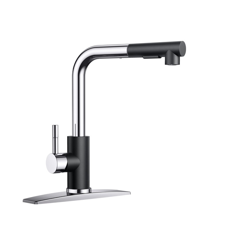 Robinet de cuisine rétractable à poignée simple avec plaque de pont, poignées et conduites d'alimentation, Noir/chrome