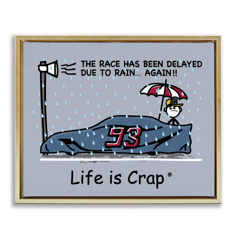 «Rain Delayed Race Floater», art mural sur toile par LIC, Cadre flottant métallique doré, H 25 po x l 31 po