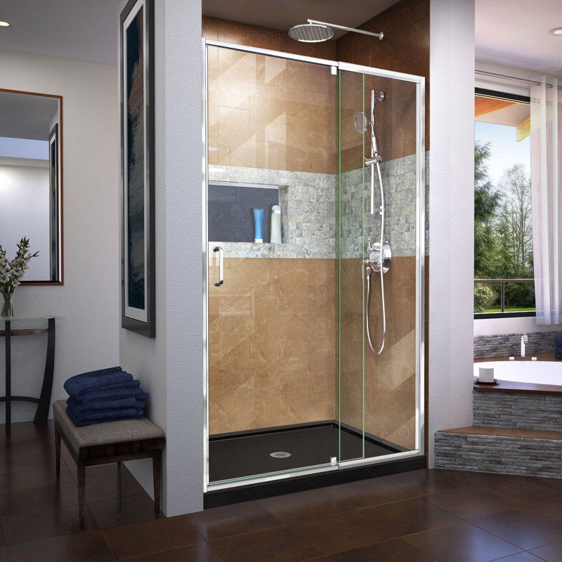Flex Semi-Frameless Shower Door 48" x 74.75" Rectangle Pivot Shower Enclosure with Base Included, Chrome/Black