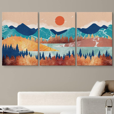 Soleil orange sur une montagne bleue, forêt et lac, paysage rustique, coloré, 3 pièces