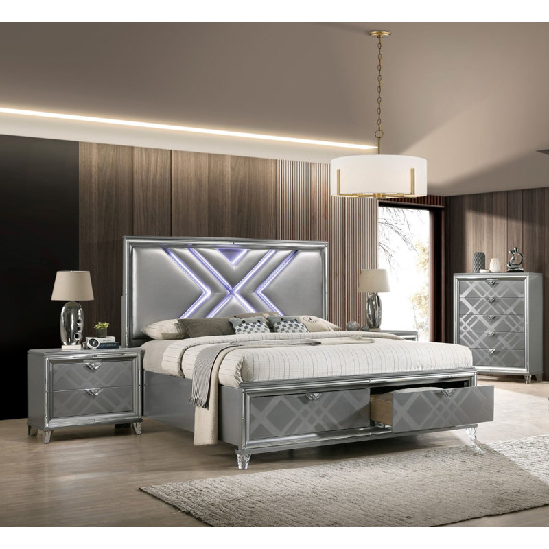 Queen Bed, Silver, Silver, Queen