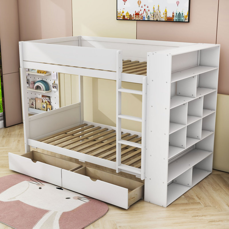Aleiah Kids Twin Bunk Bed with Drawers, Twin over Twin, White
