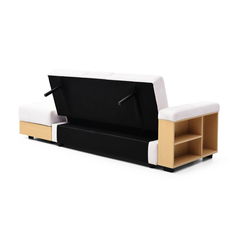 Lit double pliant beige avec rangement, accoudoirs, table rabattable, 2 porte-gobelets, coussins, accoudoirs réversibles, lin en coton, mousse haute densité, cadre en bois pour bureau multifonctionnel convertible