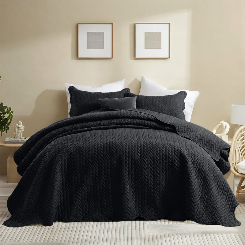 Microfiber Embossed Oversized Modern & Contemporary Bedspread Set With Shams, Charcoal, Full Bedspread + 2 Pillowcases