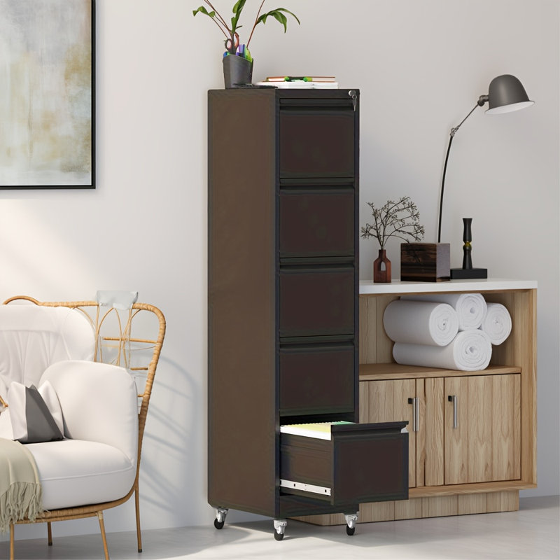 5-drawer Mobile Vertical File Cabinet With Lock, Heavy-duty All-steel Rolling Storage For A4/letter/legal Files, Anti-tip Design