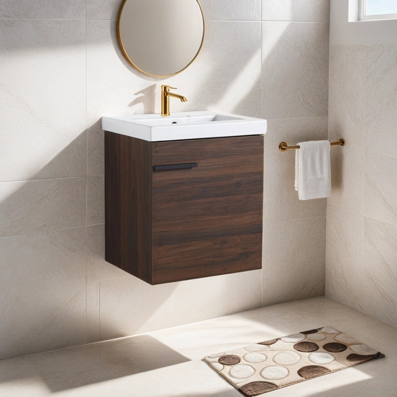 Ensemble de meuble-lavabo simple 18,39 po avec plateau en céramique Marckos, Brun