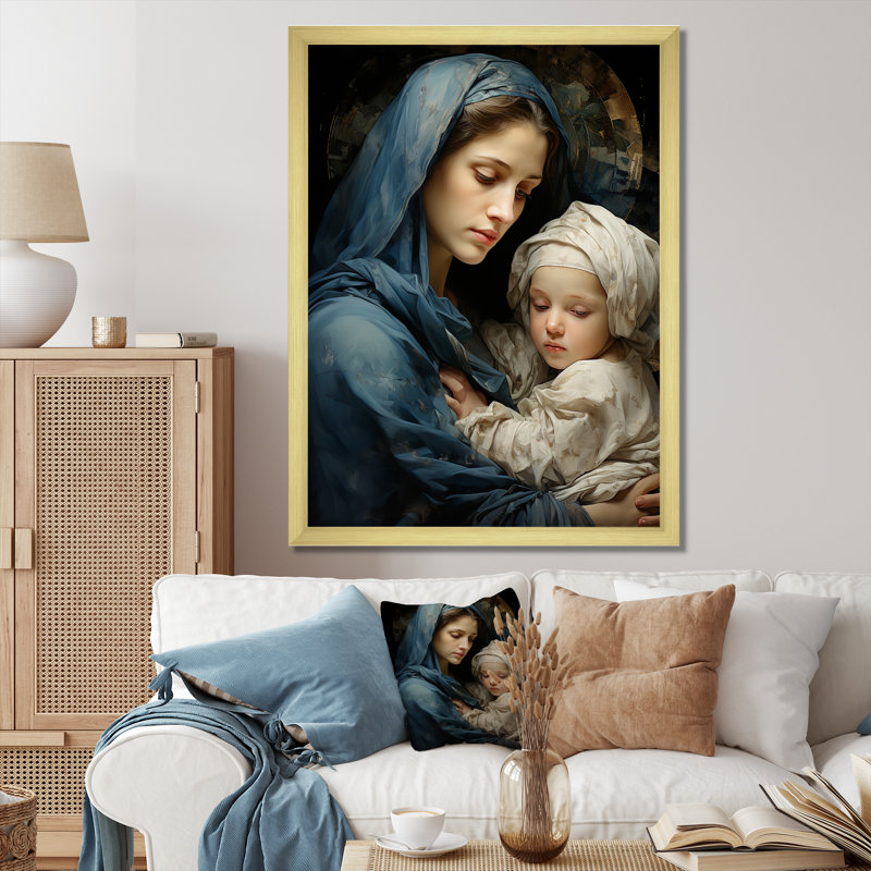Madone et enfant, art chrétien - art mural Christianisme, Cadre flottant doré, H 32 po x l 16 po