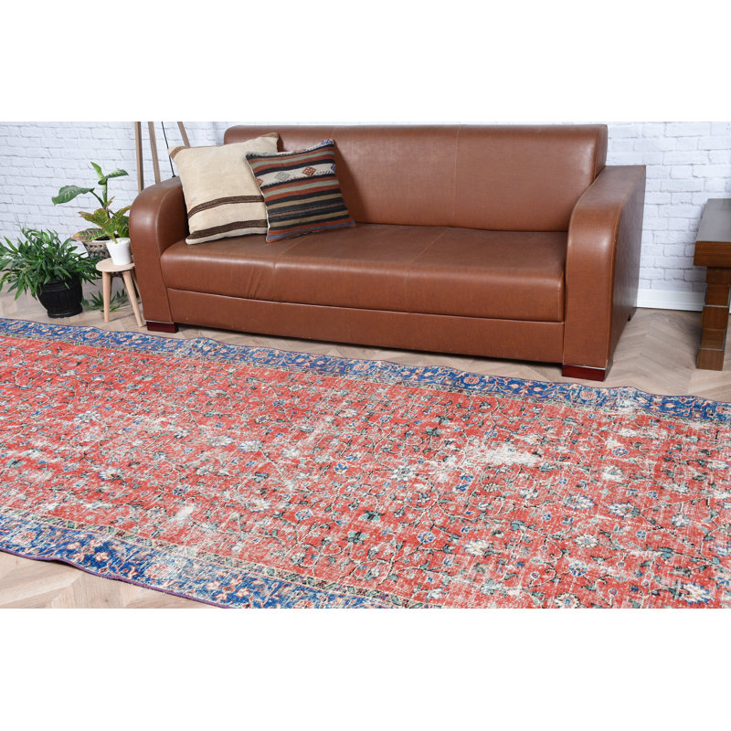 Tapis de couloir vintage turc en laine rouge avec motif floral Oushak pour les escaliers de cuisine et le couloir