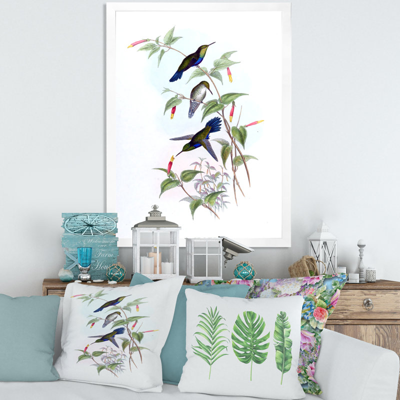 Colibri rétro I - peinture sur toile, Cadre photo blanc, H 32 po x l 24 po x P 1 po