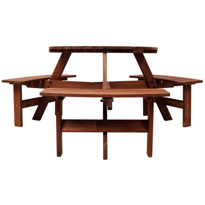 6 Person Round Wood Picnic Table With 3 Built-In Benches And Umbrella Hole