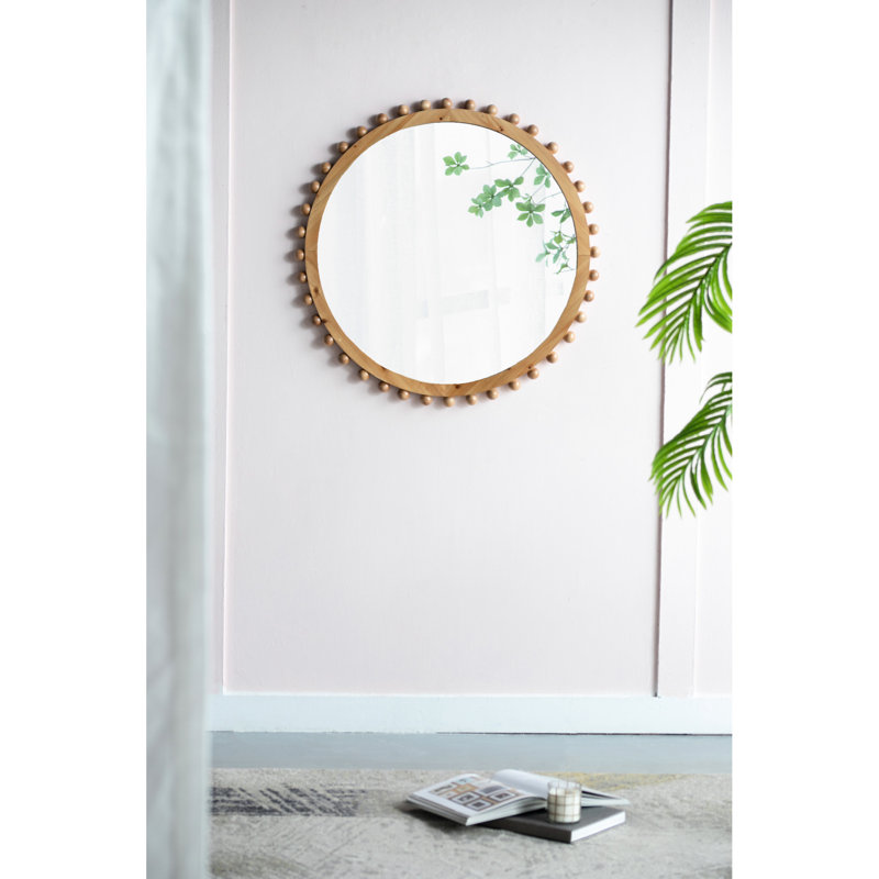 Grand miroir rond à cadre perlé en bois pour espace de vie avec maison décorative