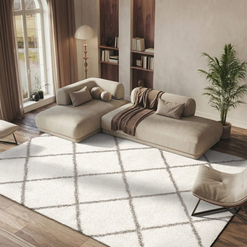 Darrold Shag Performance Geometric Rug, Ultra Plush 1.81", Rectangle 5'3" x 7'6", Ivory/Gray