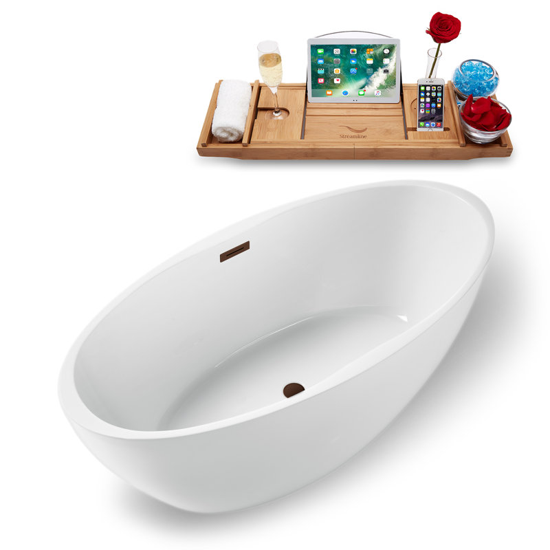 Streamline Freestanding Soaking Acrylic Bathtub With Drain and Bamboo Tray, Matte Oil Rubbed Bronze