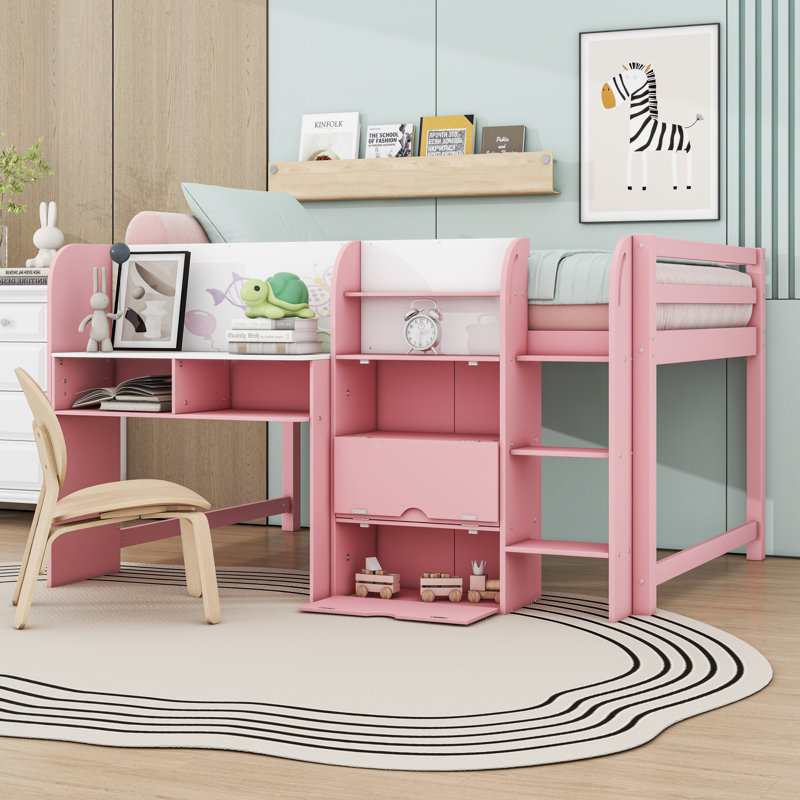 Lit mezzanine double en bois avec bureau, tablettes, tableau blanc et armoires, Rose