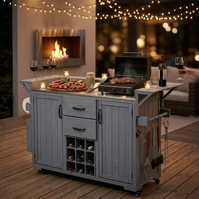 Îlot de cuisine d'extérieur H 39,1 po x l 60,2 po x P 24,8 po avec plateau en acier inoxydable, chariot à roulettes avec support à vin pour 9 bouteilles et support à épices