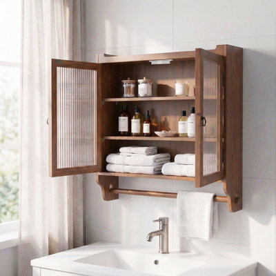 Vintage Ribbed Glass Wall Cabinet with Towel Bar, 3-Tier Bathroom Storage Cabinet