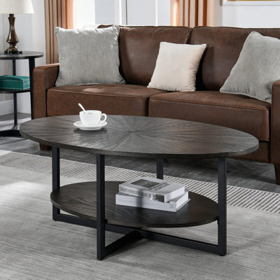 Table basse ovale en bois massif avec pieds croisés en métal, table de centre moderne avec tablette ouverte de 43,3 po de style Industrail pour salon, noir rustique
