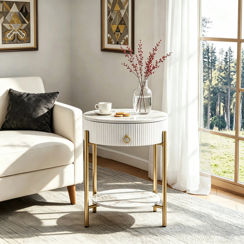 Table de bout avec rangement Woodville, Doré, Blanc